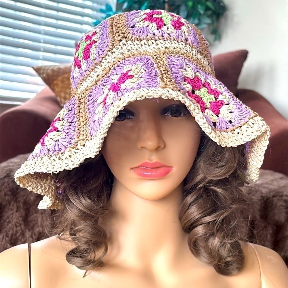 Brand New BCBGeneration Straw Woven Hat Crochet Patchwork Floral Floppy Beach